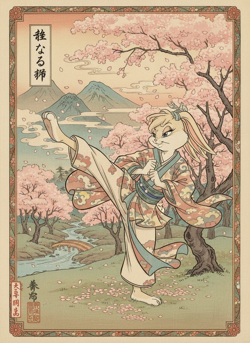 Lola Bunny in Ukiyo-E Style Karate Practice
