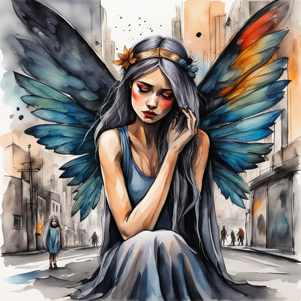 Sad Fairy Crying in Urban Sketch Style