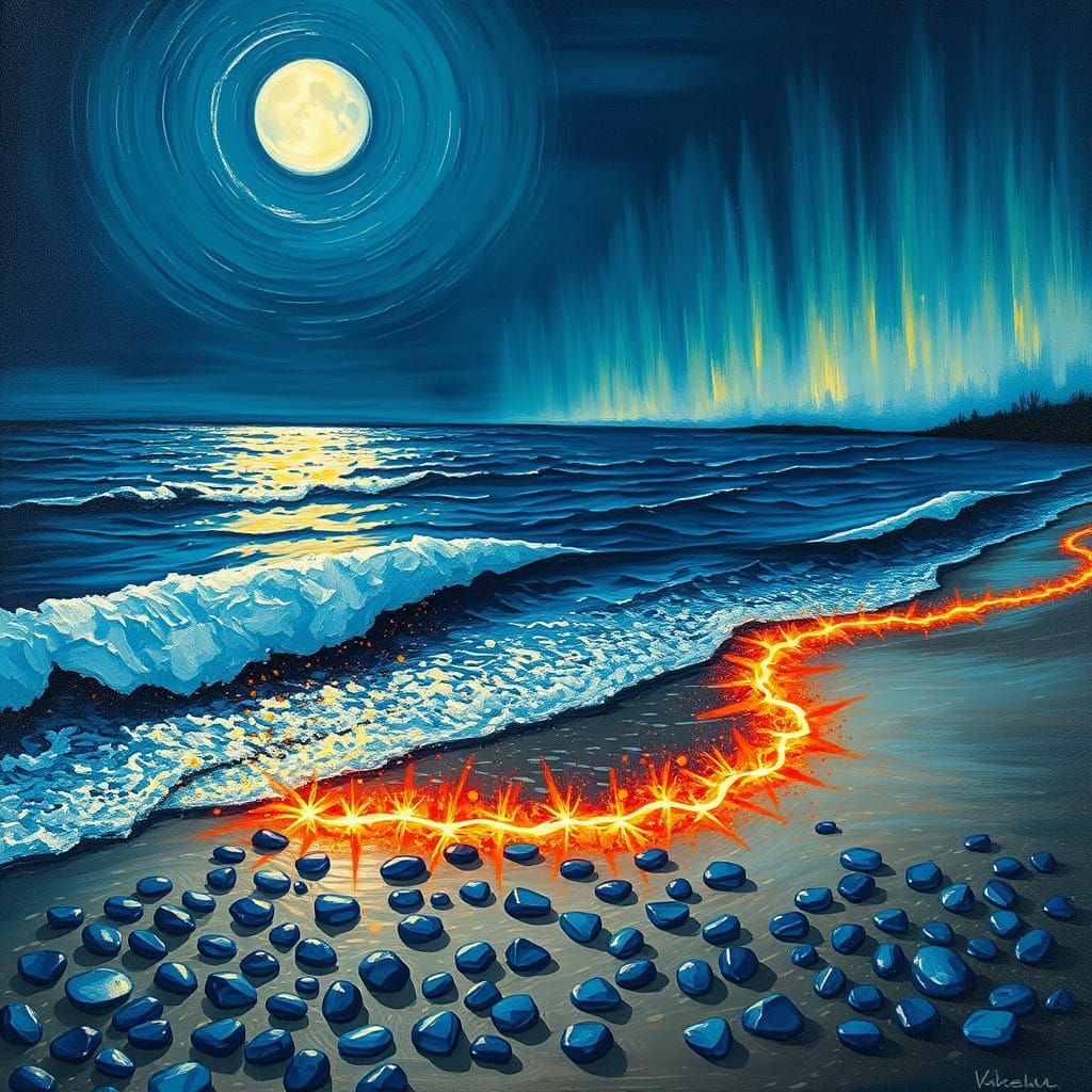 Moonlit Seaside Dawn with Glowing Wave and Aurora
