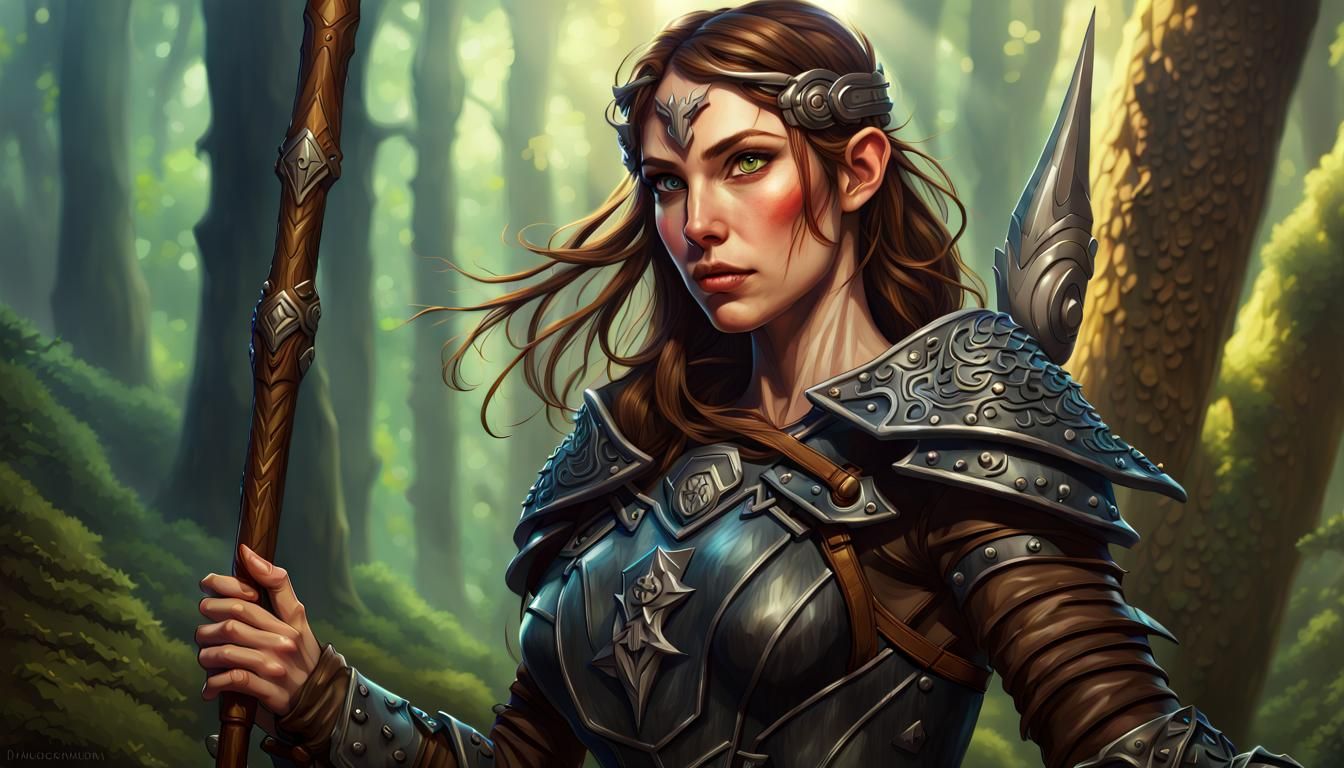 Hyperrealistic Half-Elf Druid in Forest Scene