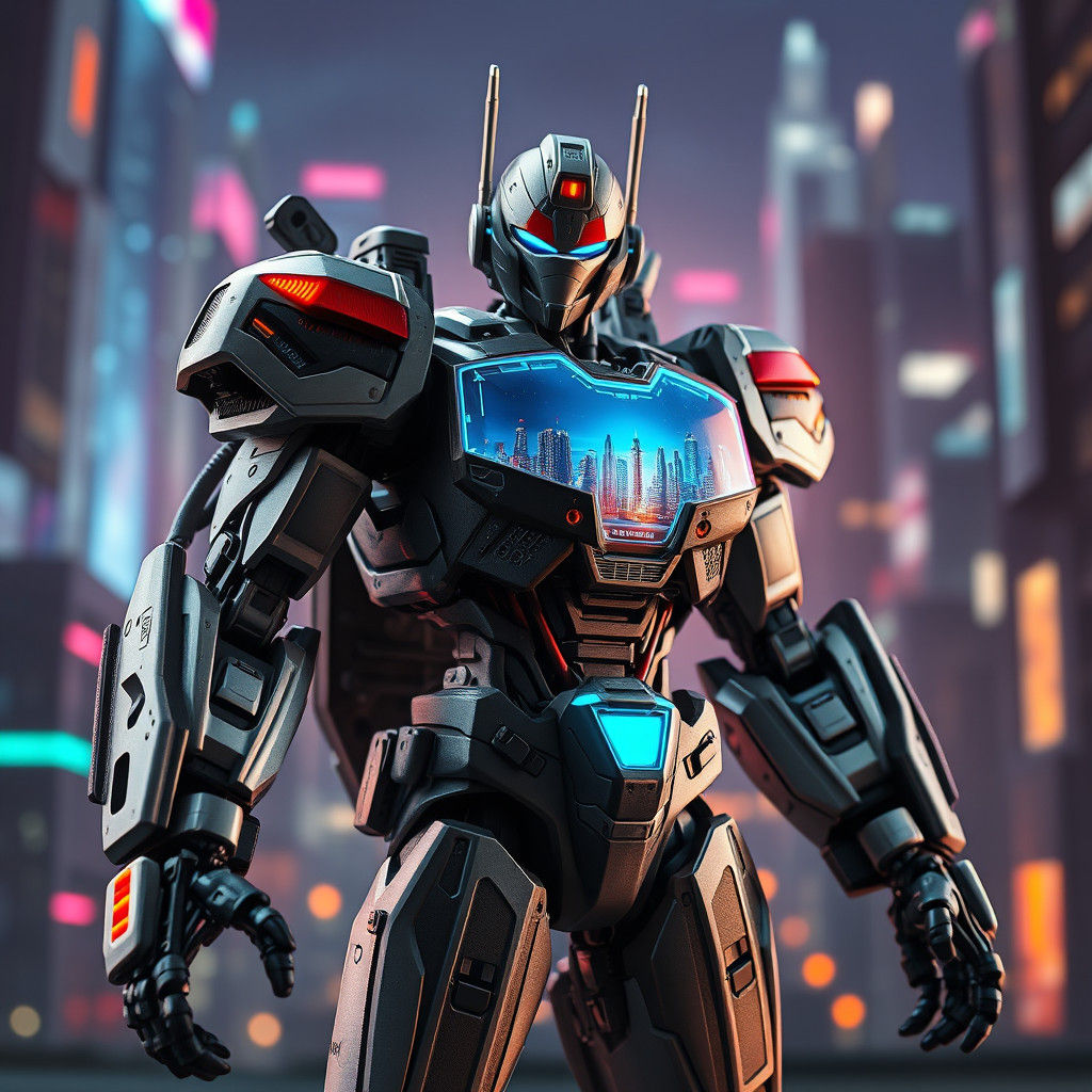 Futuristic Robot Action Figure in Neon Cityscape