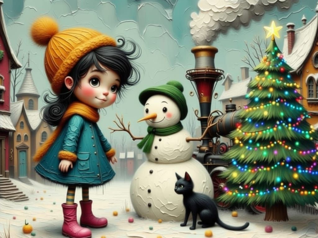 Girl Builds Snowman Near Wonky Xmas Homes