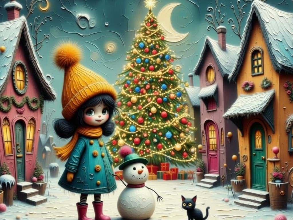 Girl Builds Whimsical Snowman in Festive Wonky Town