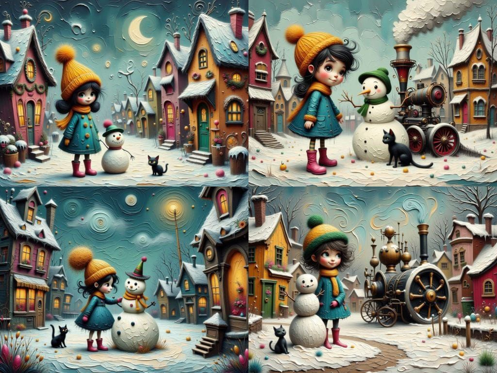 Girl Builds Snowman in Whimsical Xmas Town Square
