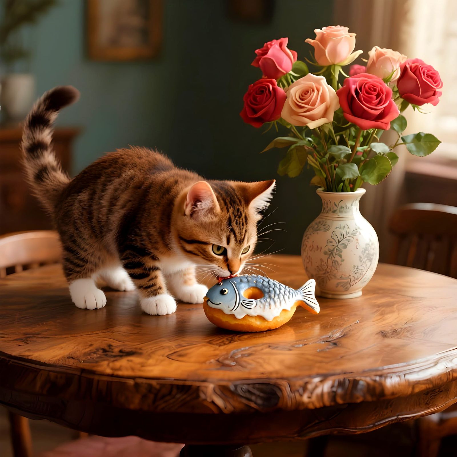 Adorable Kitten Eating Fish Donut on Burlwood Table