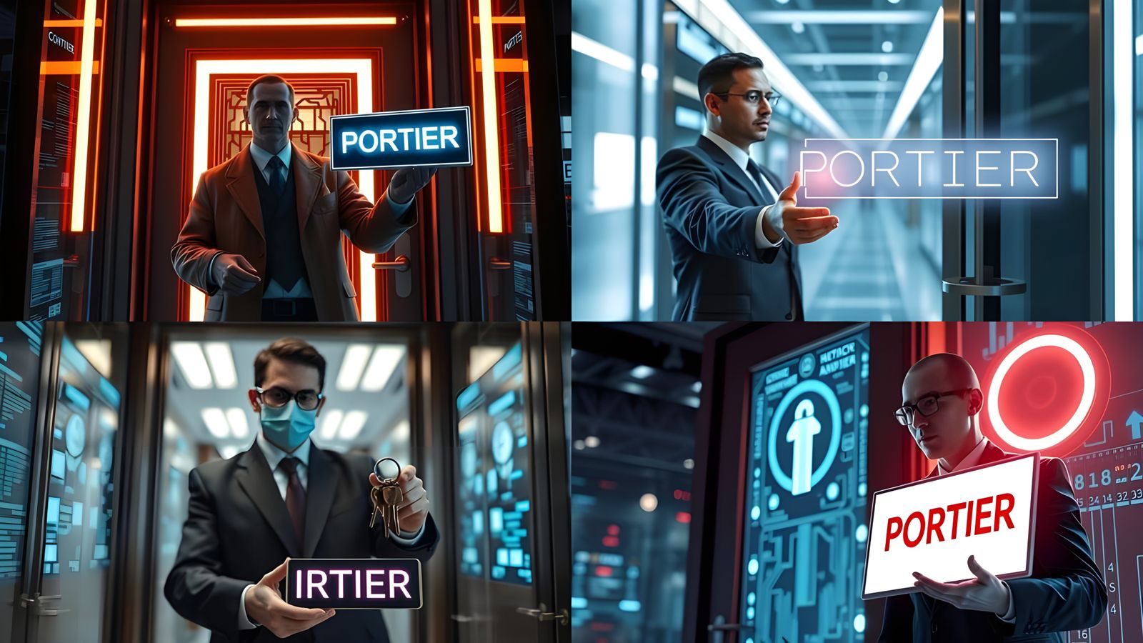 Digital Doorman in Cyberpunk Holographic Aesthetic