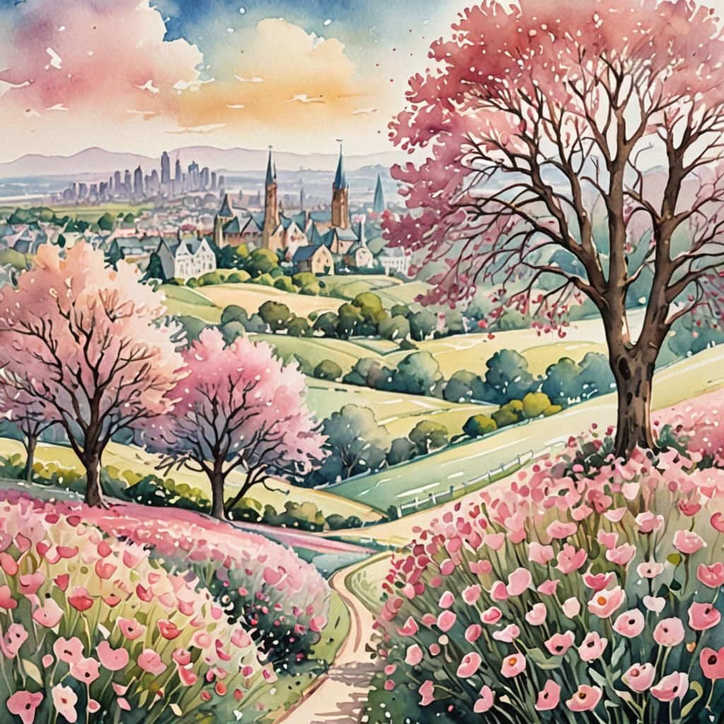 Pink Ribbon Garden in Watercolor Style