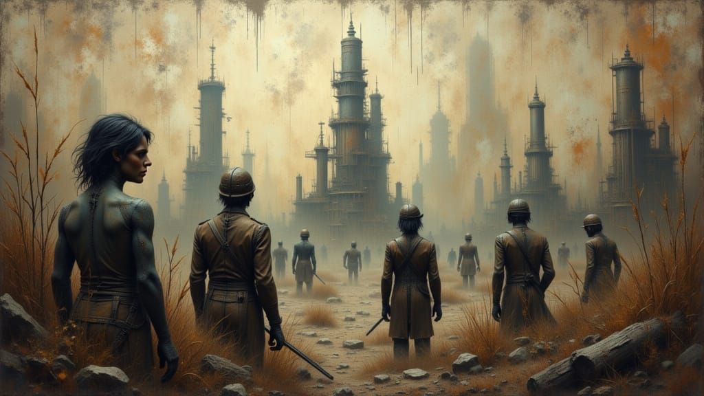 Grungy Men Guarding Dying City Entrance as Impasto Painting