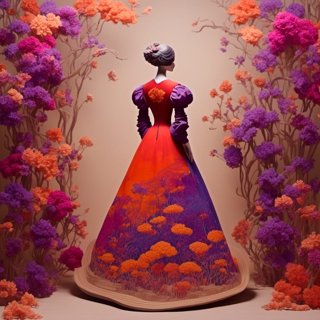Wooden Automata Woman Blends Into Floral Backdrop