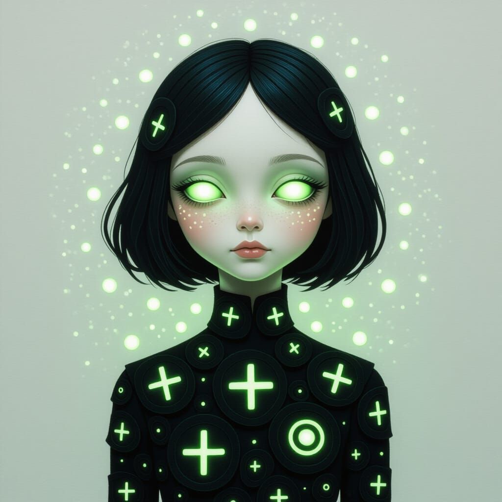 Felt Alien Girl with Glowing Symbols in Dark Fantasy Style