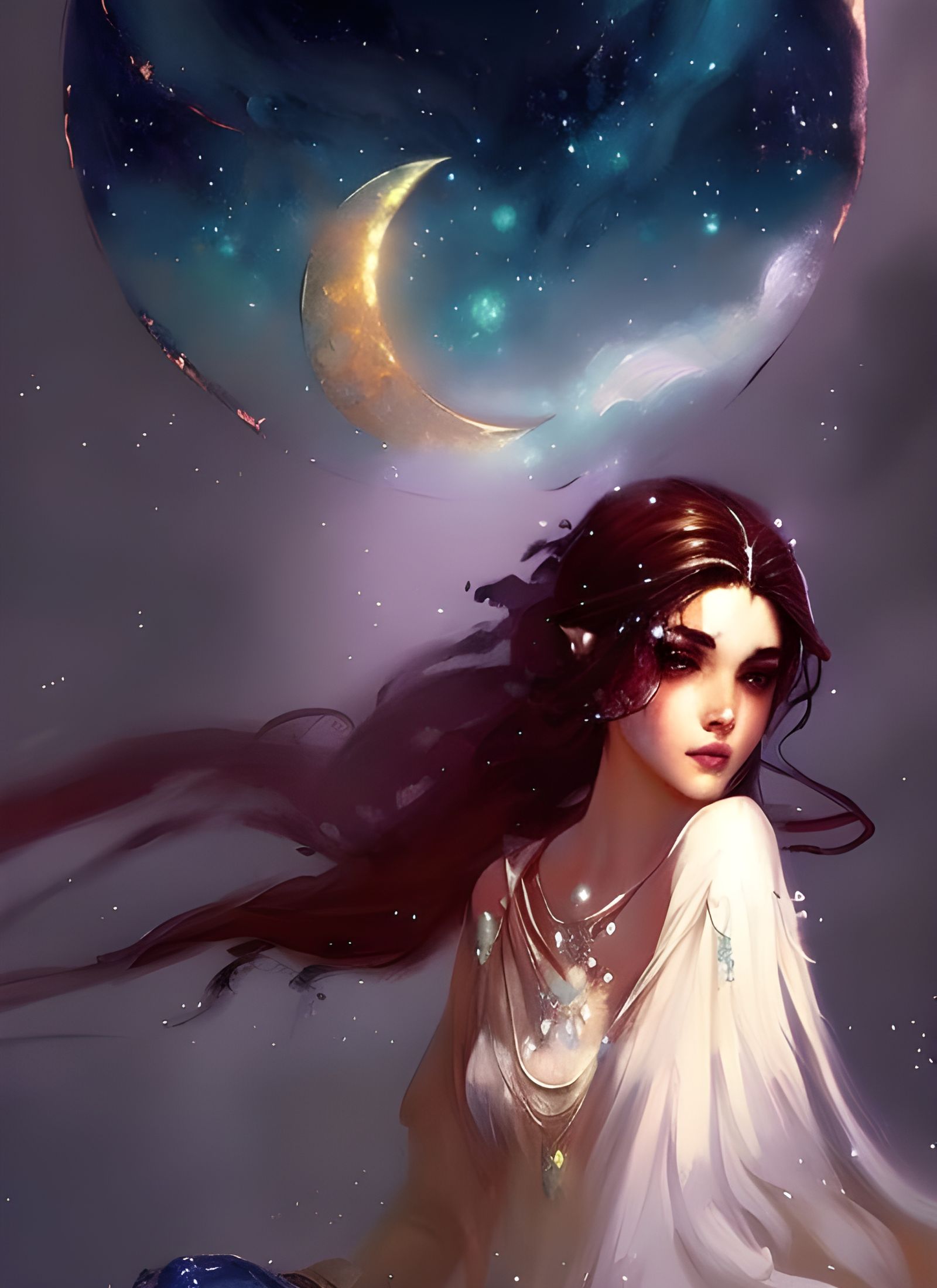 Moon Goddess Portrait with Starry Sky in Speedpaint Style