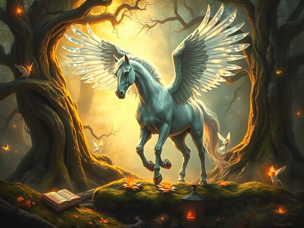 Majestic Pegasus in Ethereal Forest Clearing