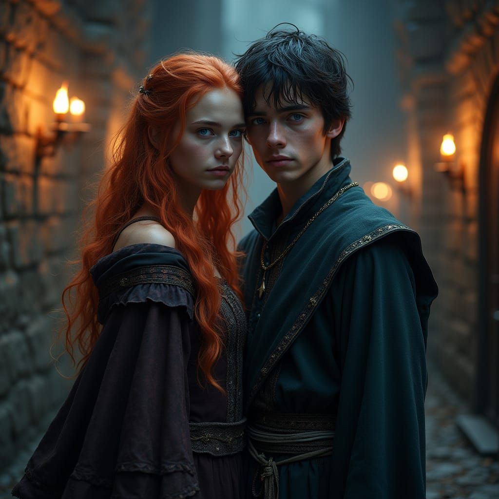 Mystical Couple Stands Together in Haunted Hogwarts Corridor