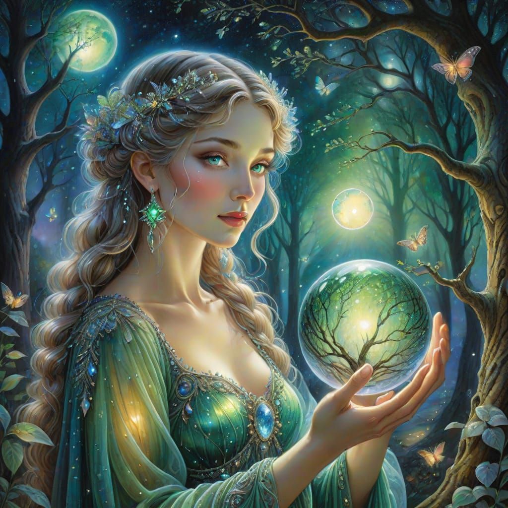 Starlight Sorceress in Mystical Grove, Hyperrealistic Art