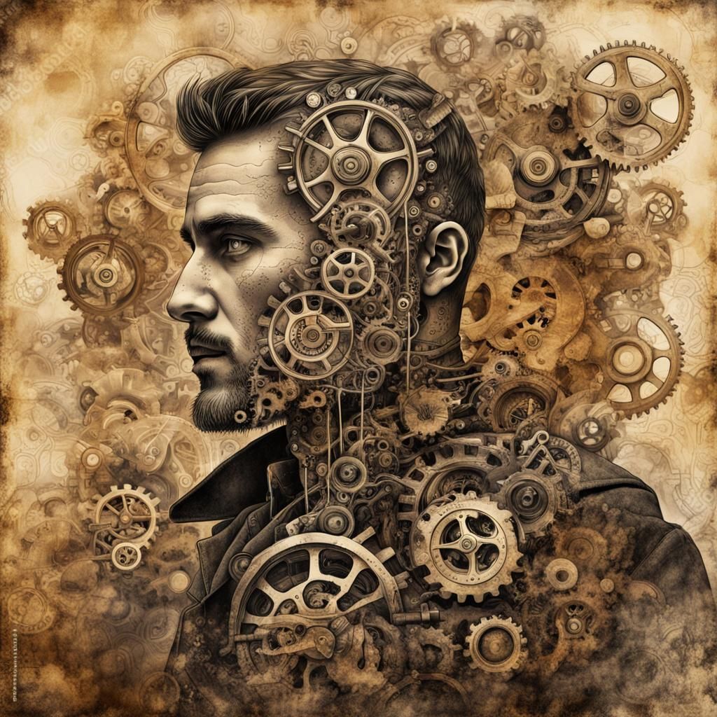 Steampunk Man with Gears: A Radiographic Surreal Portrait