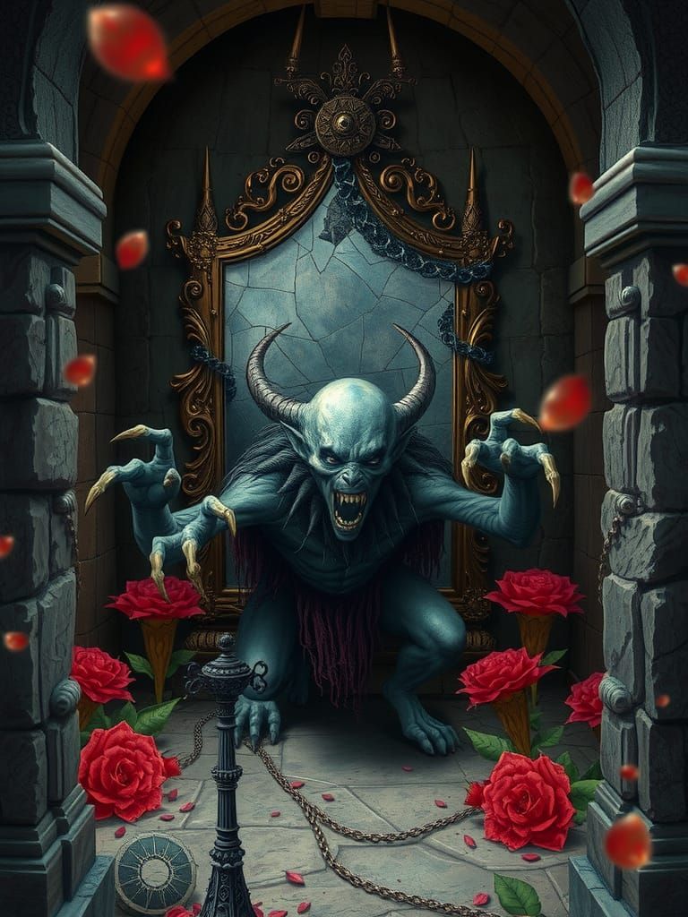 Scary Creature in Stone Chamber, Fantastical Art