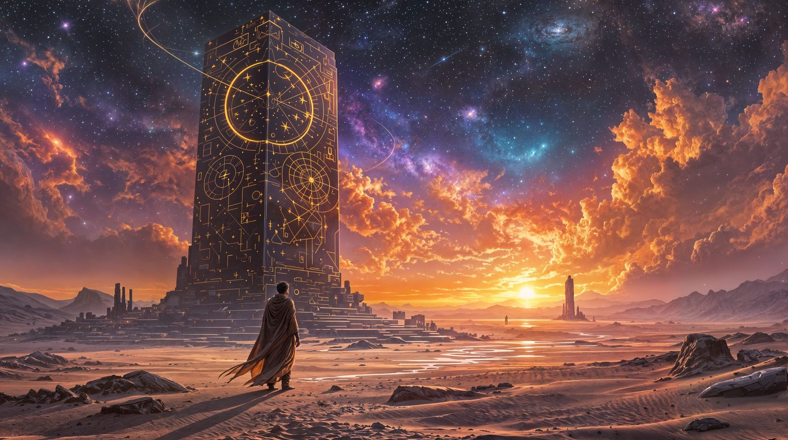Surreal Sunset Watcher Before Celestial Monument in Cosmic D...
