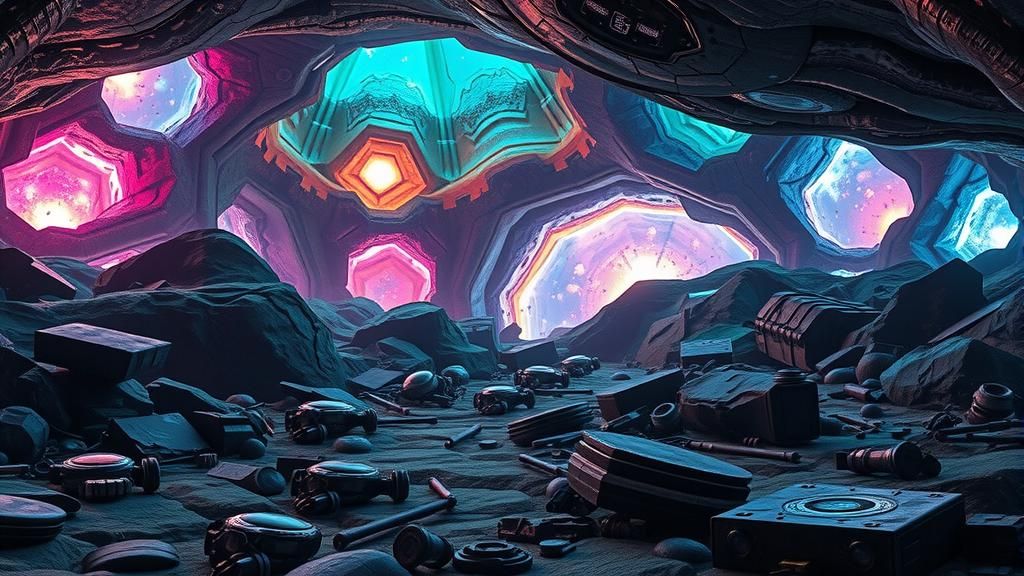 Luminous Alien Cave with Robot Ruins