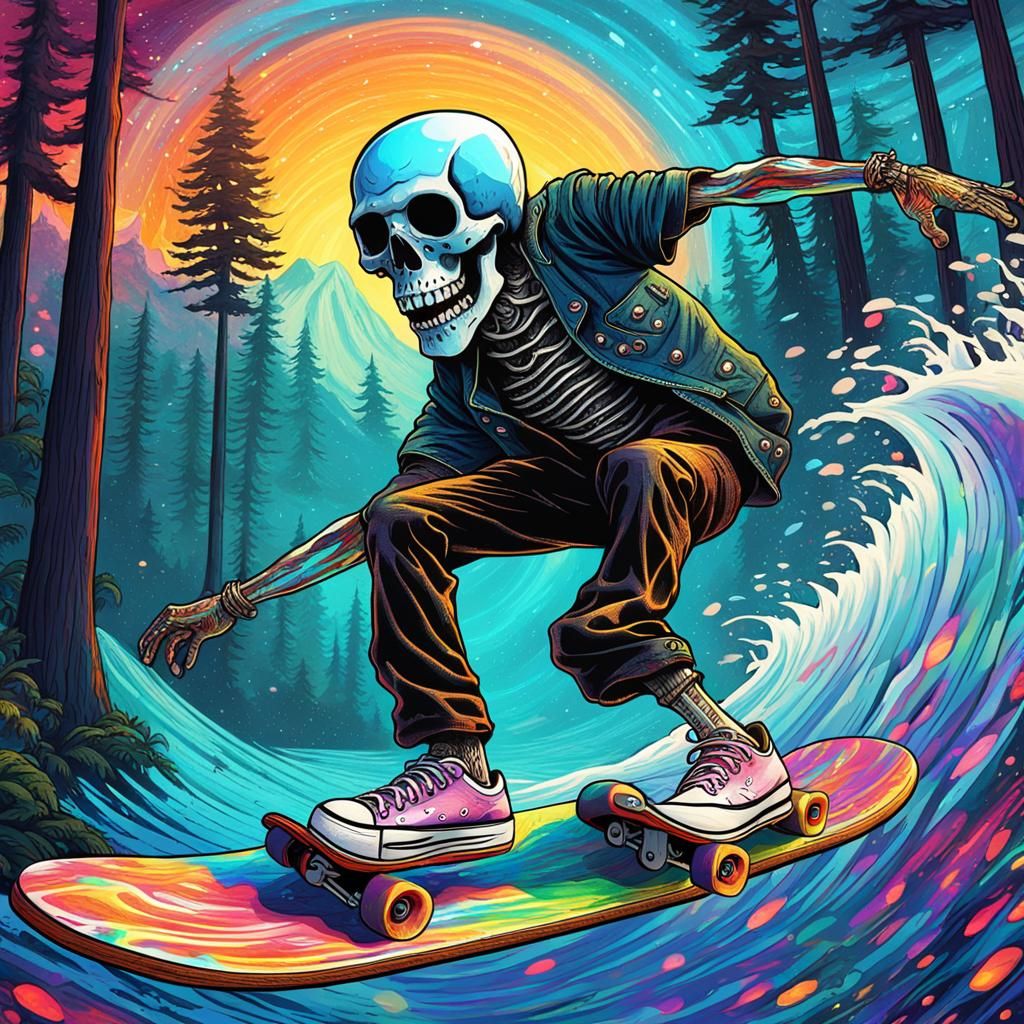 Punk Rock Skeleton Surfing a Wave Among Redwoods