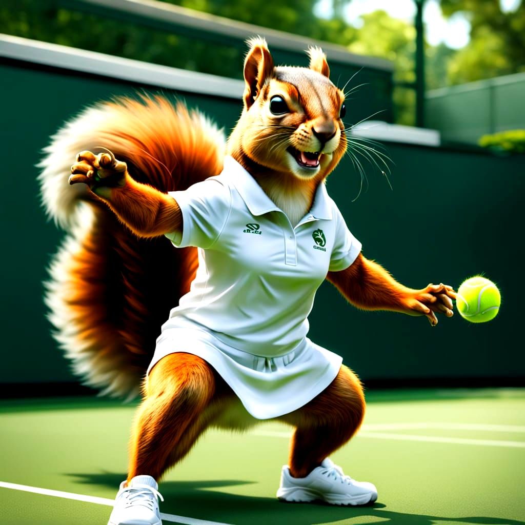 Squirrel Tennis Pro Serves on Lush Green Court
