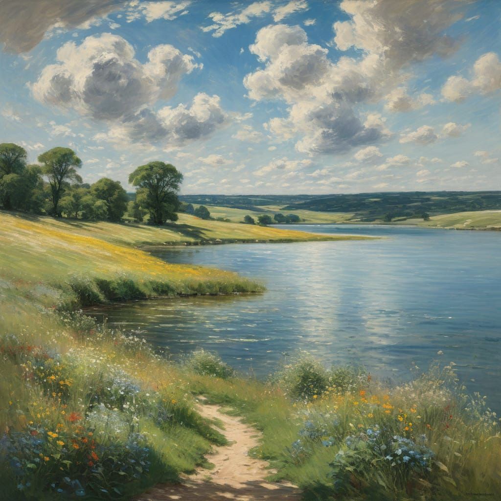 Surreal Impressionist Countryside Scene with Rolling Hills a...