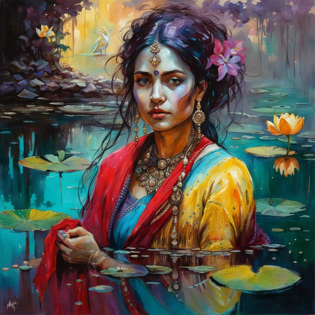 Exquisite Devdasi in Vibrant Saree Amidst Celestial Reflection in a Lotus Pond