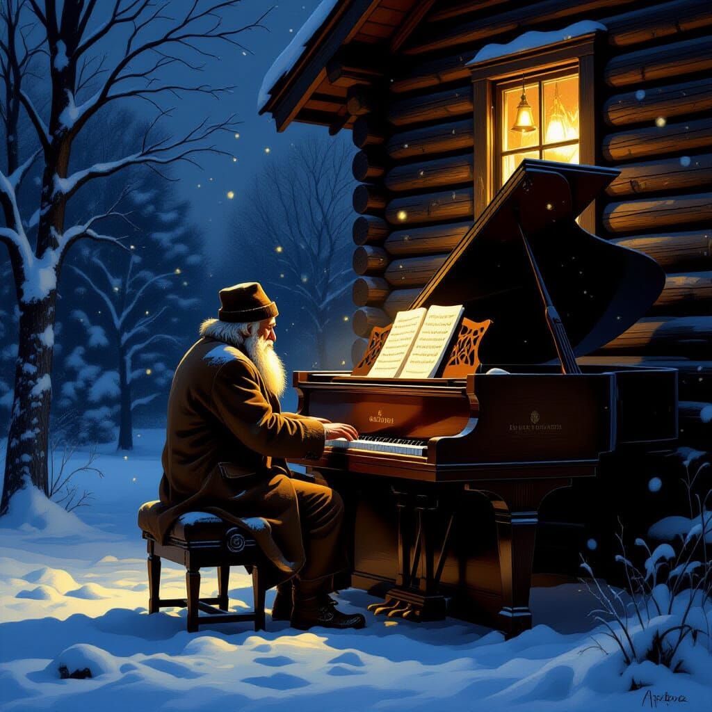 Snowy Night Piano Serenade by Rustic Cabin