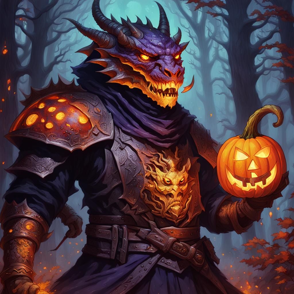 Dragonborn Jackolantern Warrior in Dark Fantasy Style