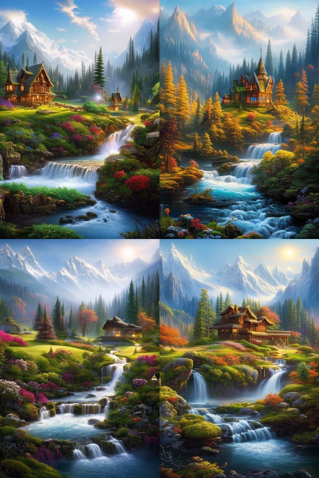Master jobs. a highly detailed landscape painting. majestic snowy mountains in the background. a river flowing in green ...