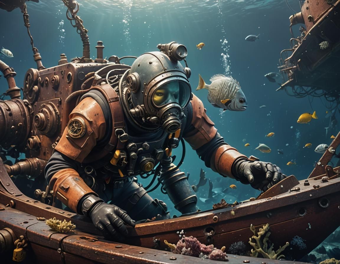 Deep Sea Diver Explores Sunken Ship: Pixar Style