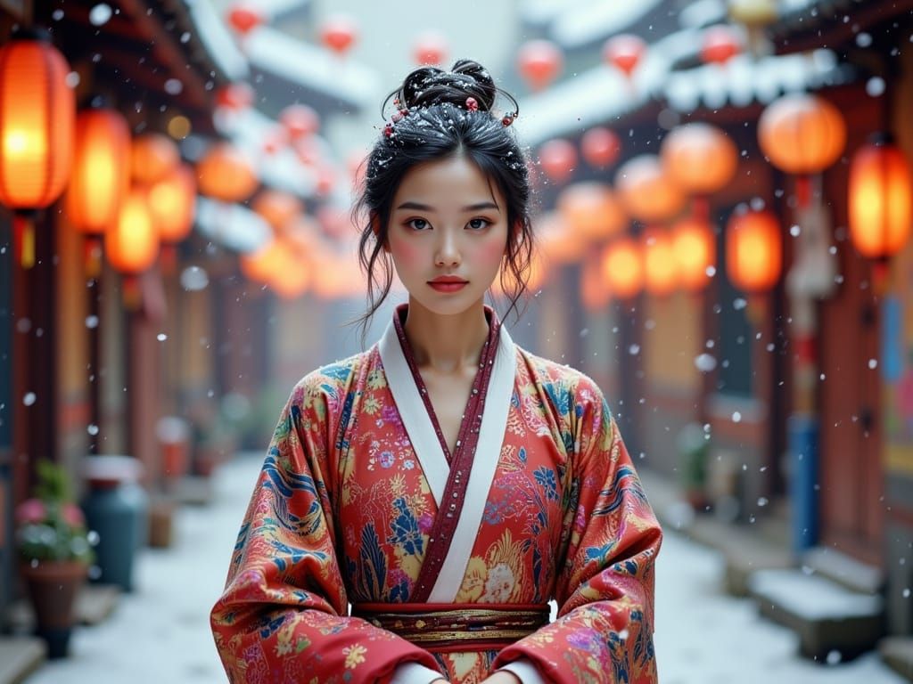 Korean Woman in Colorful Hanbok at Snowy Festival