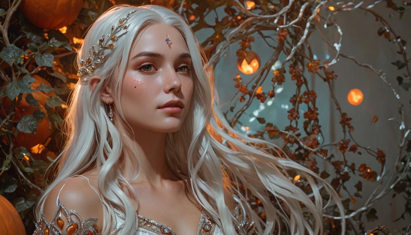 Crystalline Woman with Pumpkin in Hyperrealistic Style