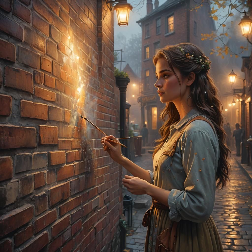 Ethereal Girl Paints Misty Alley in Magic Realism