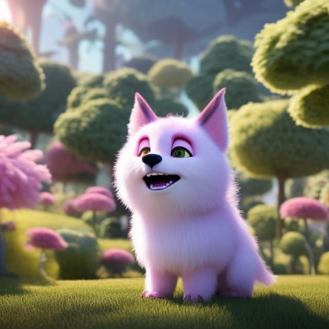 Fluffy Pink Monster in Flower Field: 3D Digital Art
