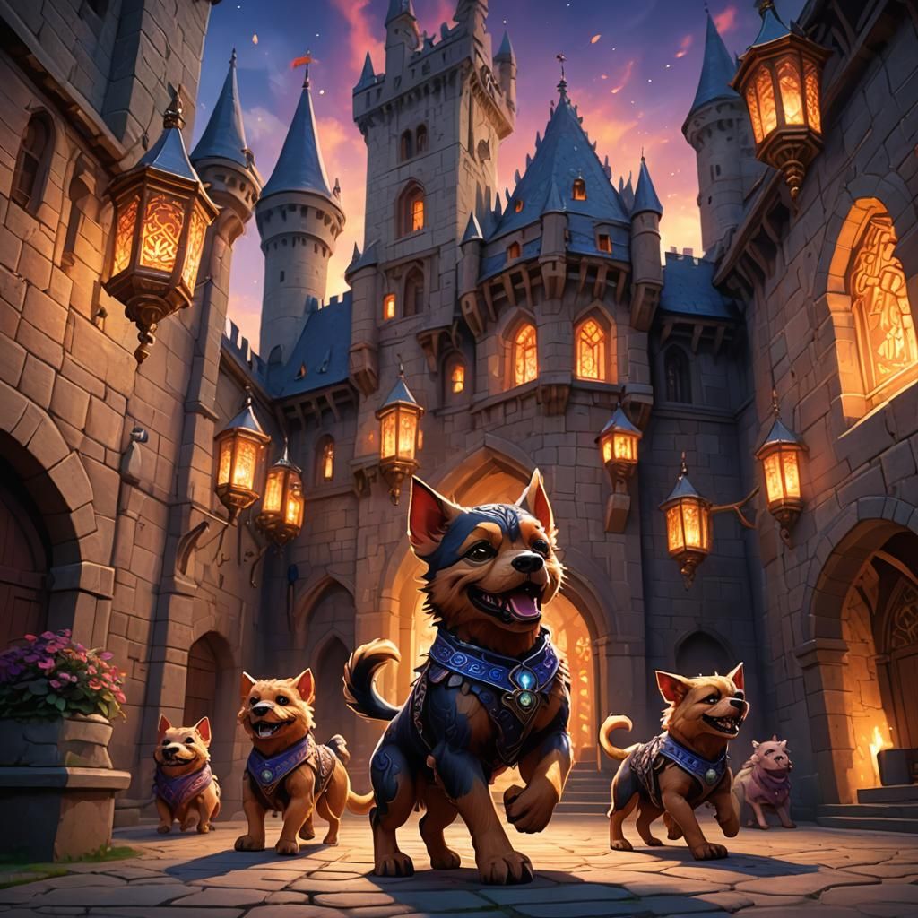 Medieval Cerberus Dances in Castle Courtyard