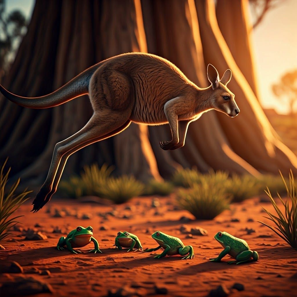 Kangaroo Leapfrogging Frogs in Outback, Unreal Engine 3D
