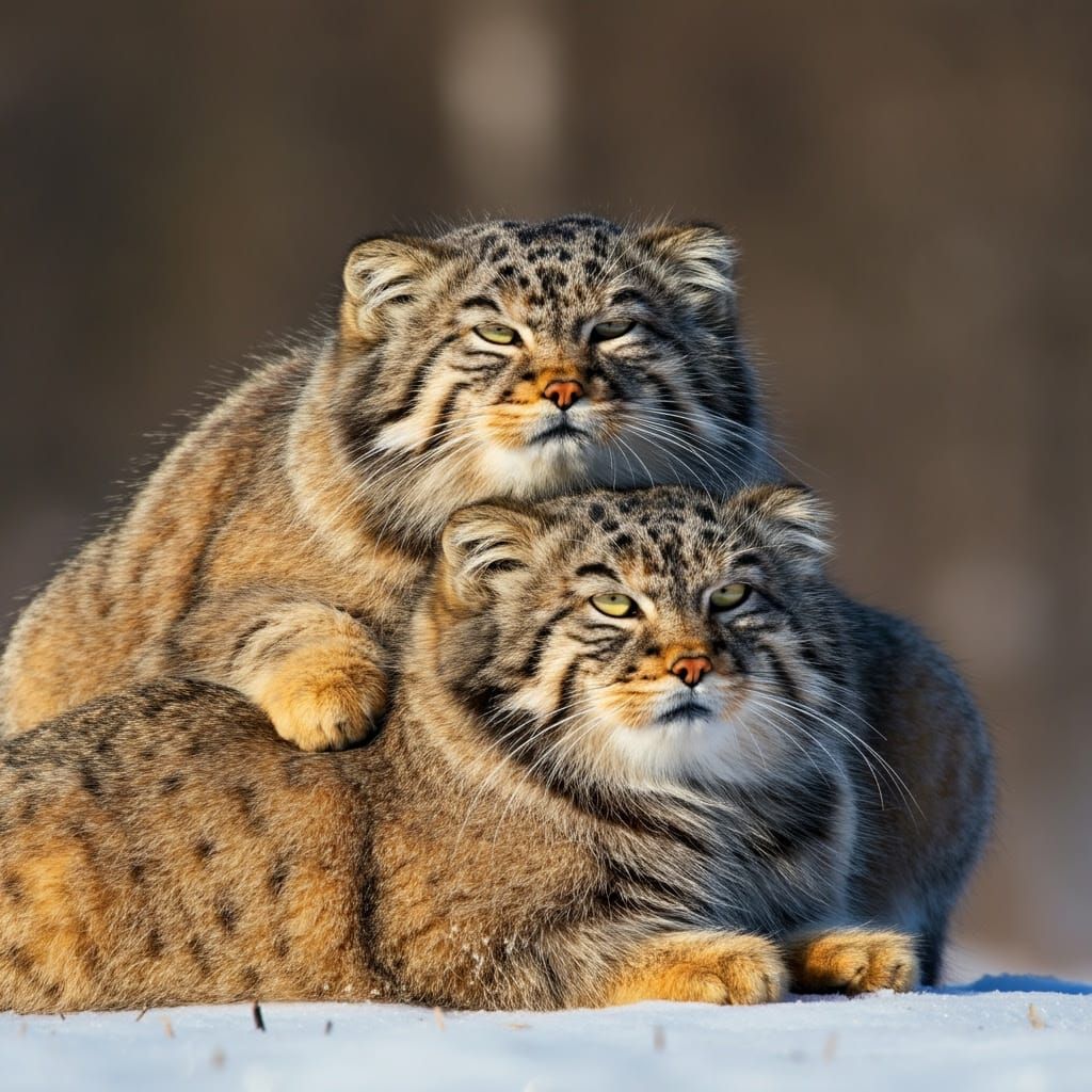 Fat Pallas Cats Bask in Sunny Snowy Field