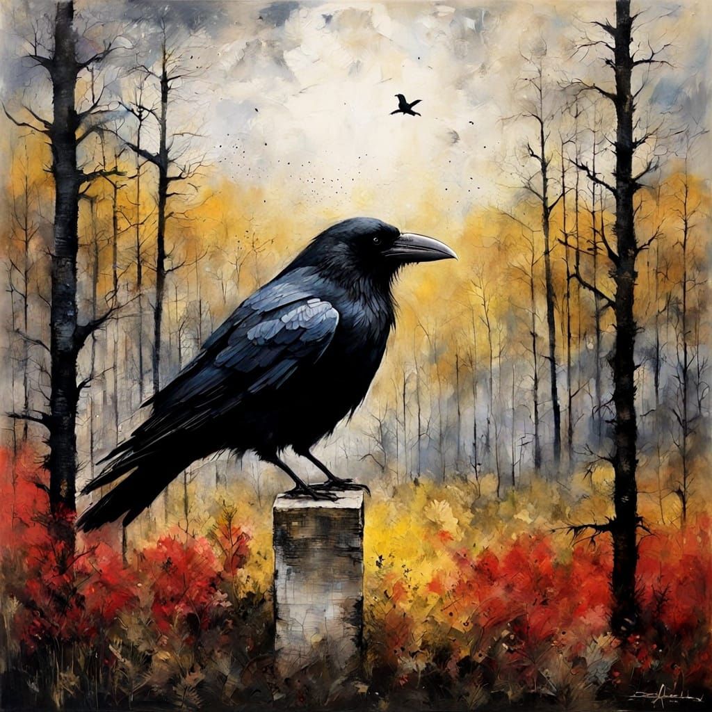 Crow Guards Forest: Expressionist Impasto-Encaustic Painting