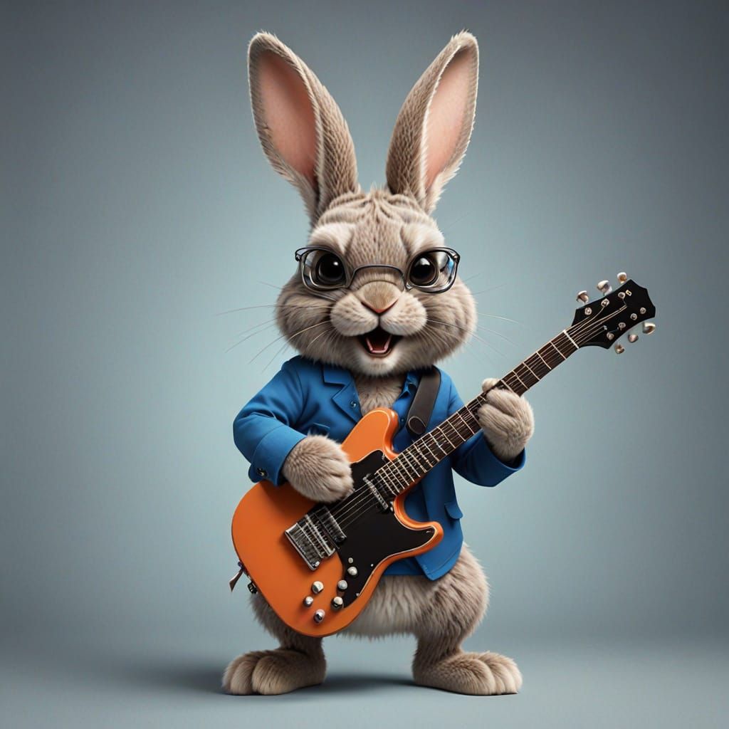 anthropomorphic adorable bunny rabbit playing an electric gu...