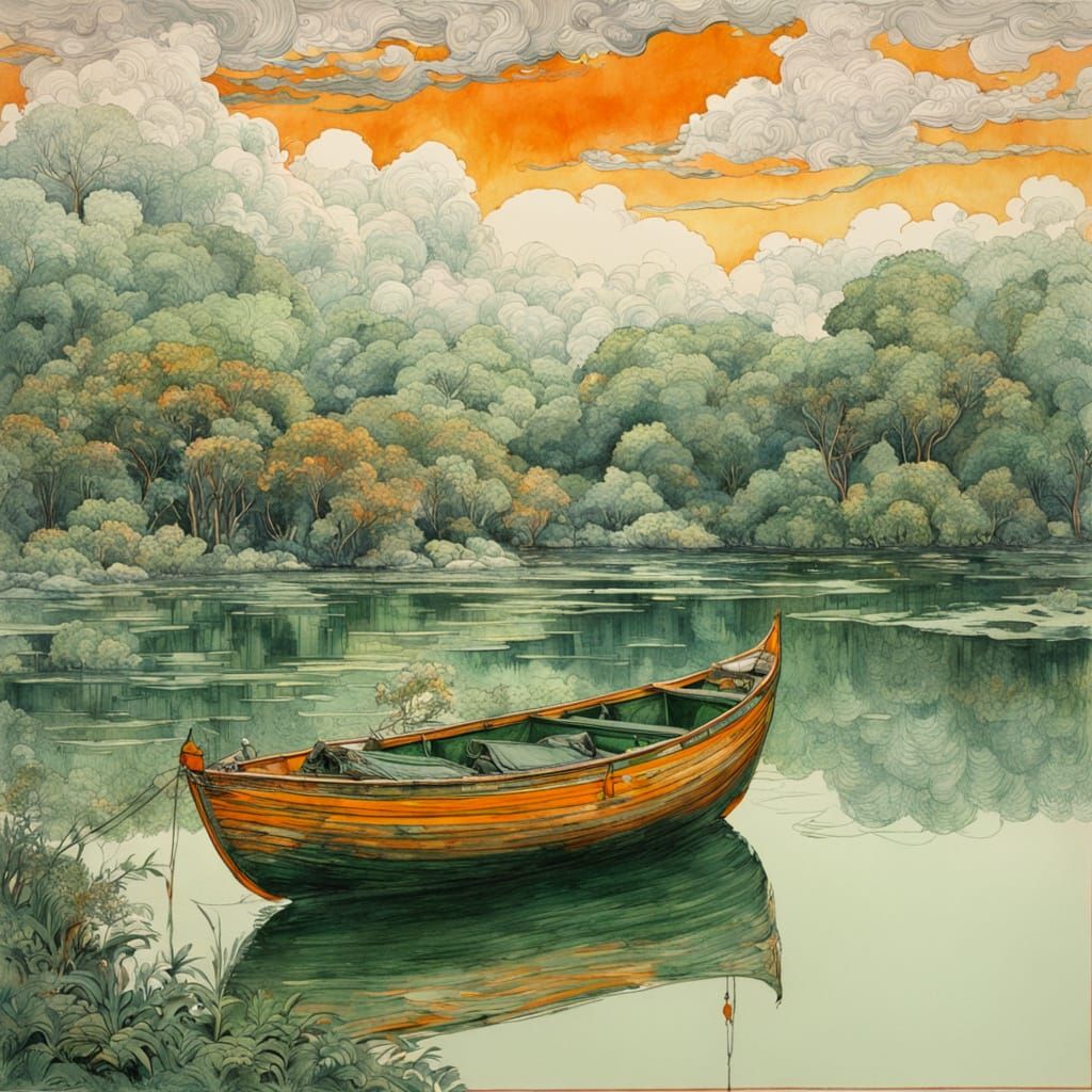 Dichromatic Boat on Lake in Ink and Wash Style