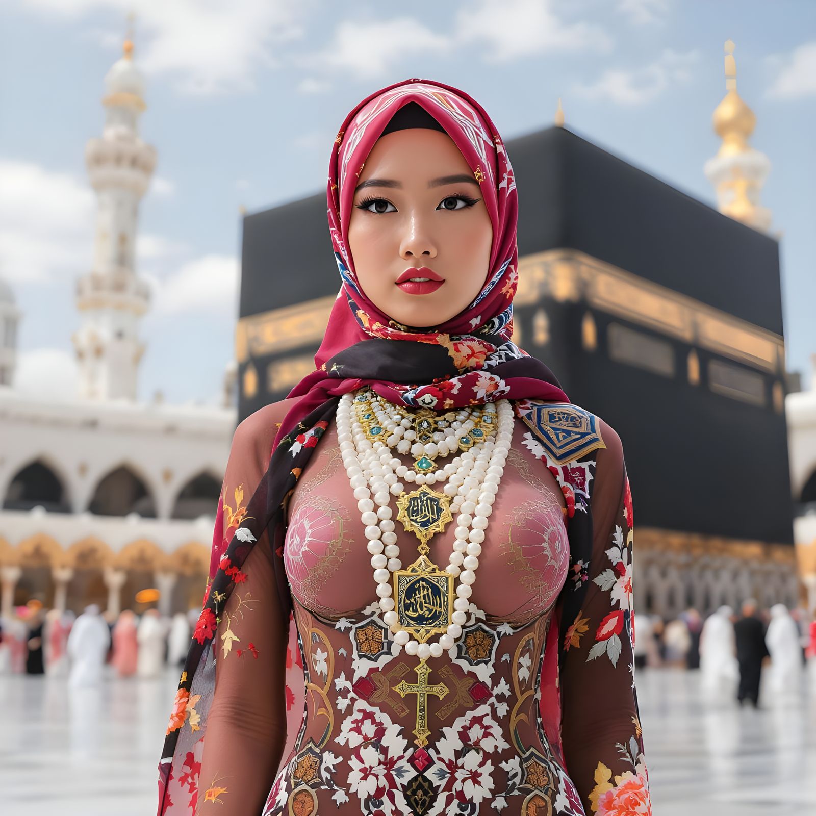 Asian Woman in Pearls and Hijab at the Kaaba