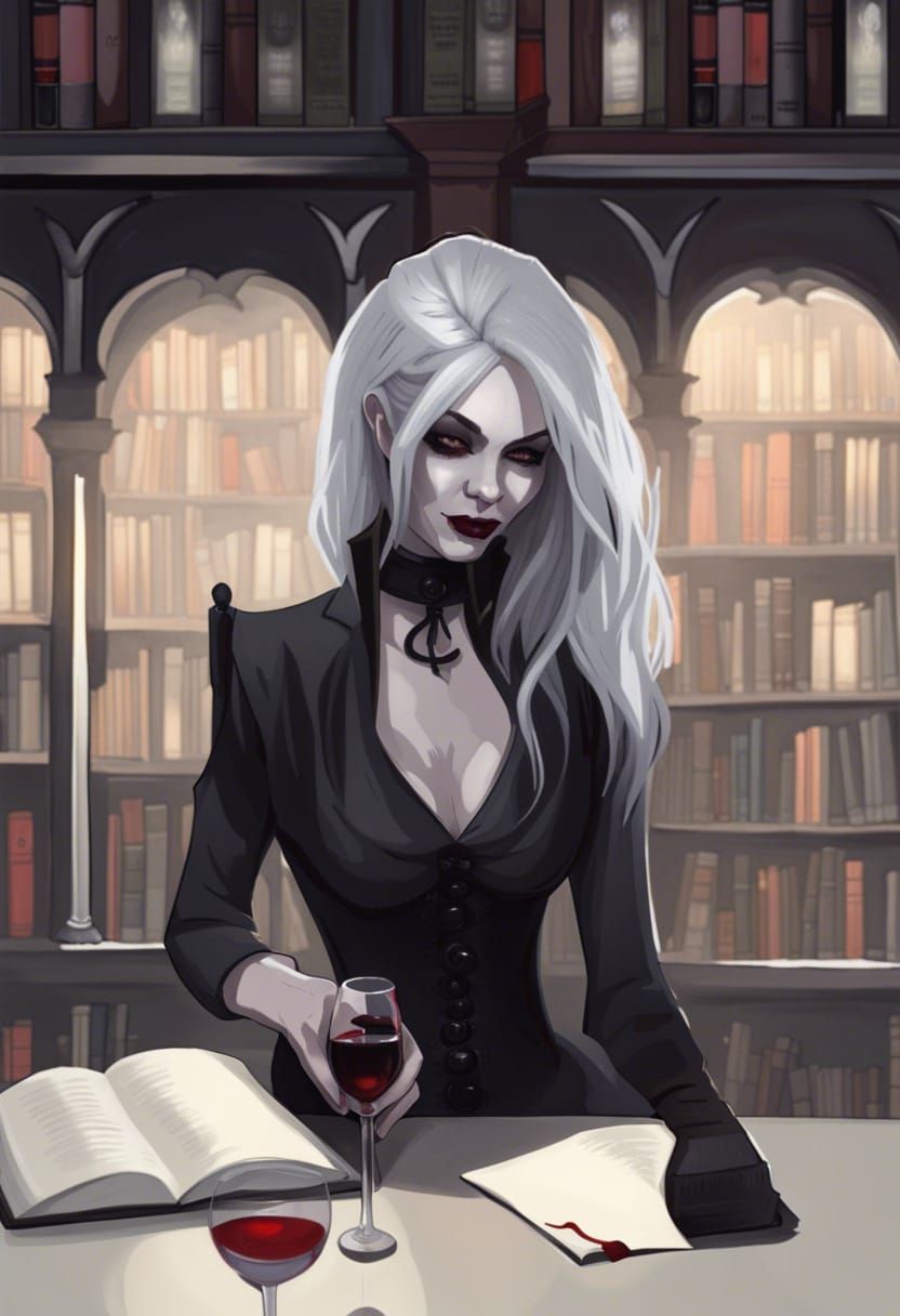 Gothic Vampire Woman in Library, Realistic Art