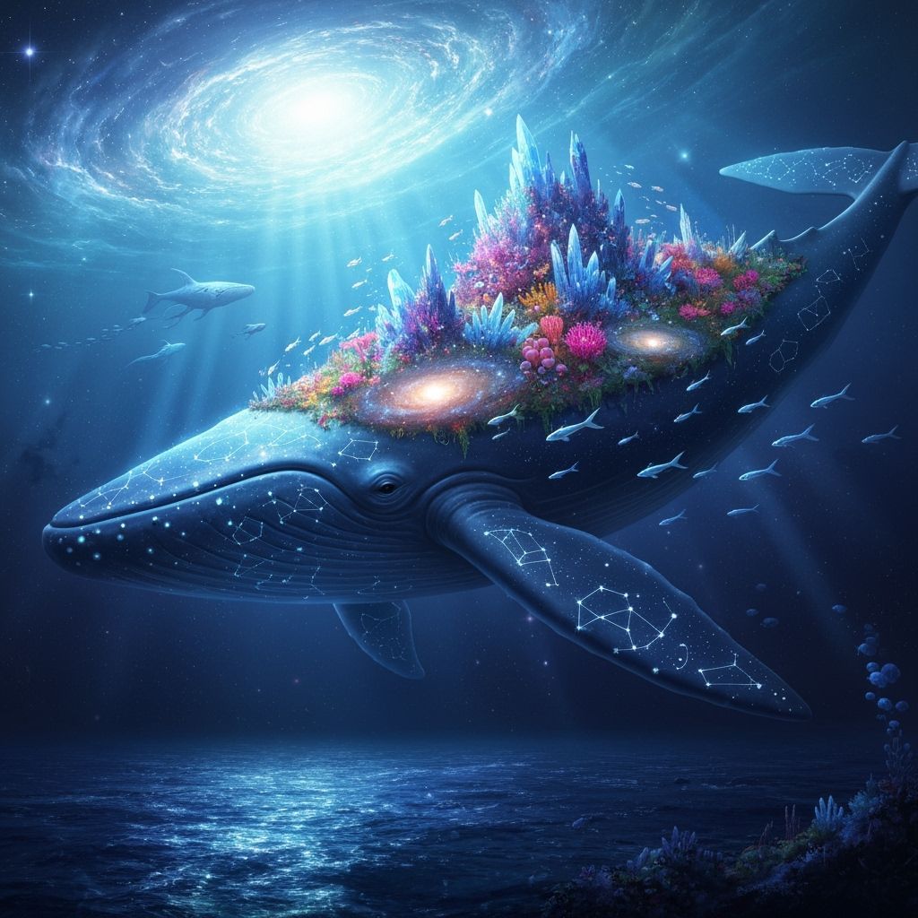 Cosmic Whale Swims Through Stardust Ocean with Coral Reef
