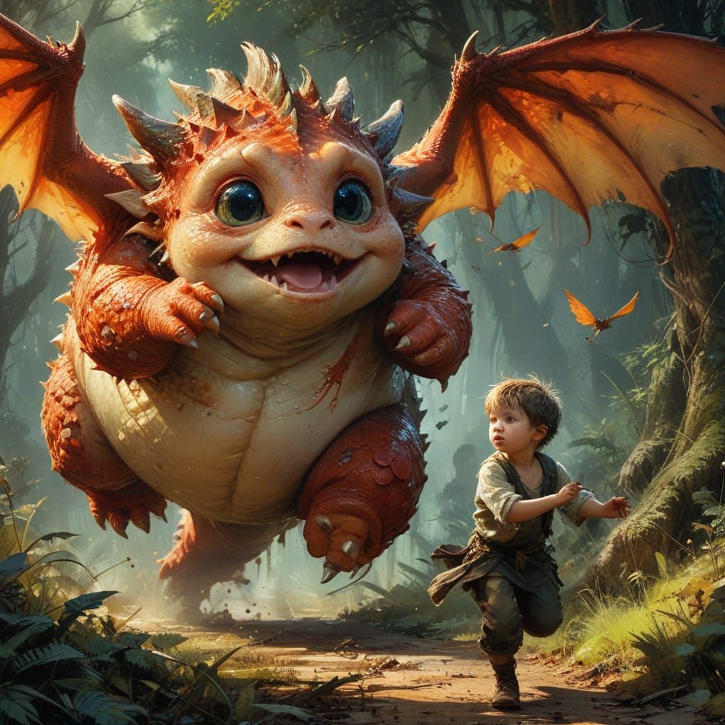 Whimsical Forest Encounter with a Cute Baby Dragon