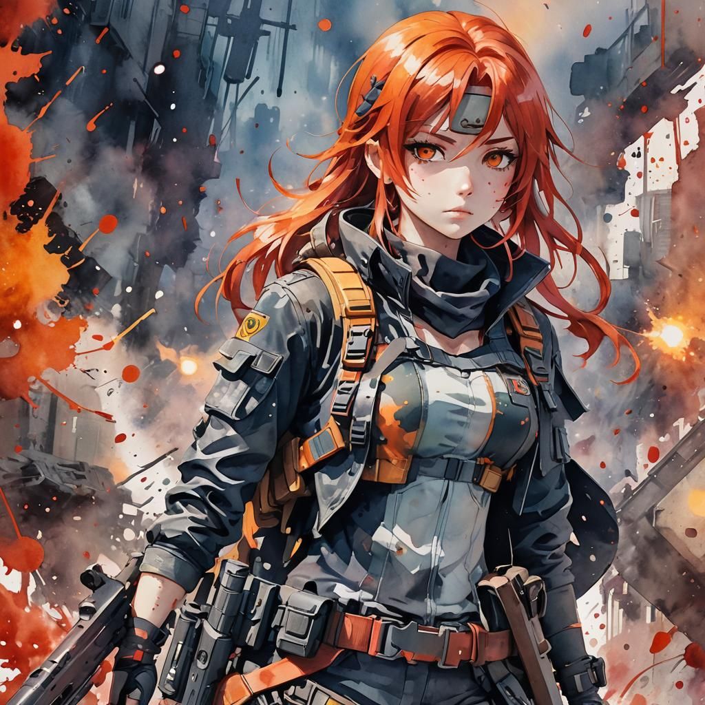 Anime Sniper in Watercolor Style: Apocalypse Survivor