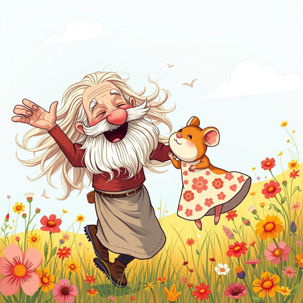 Old Man Dancing with Hamster in Naive Art Style