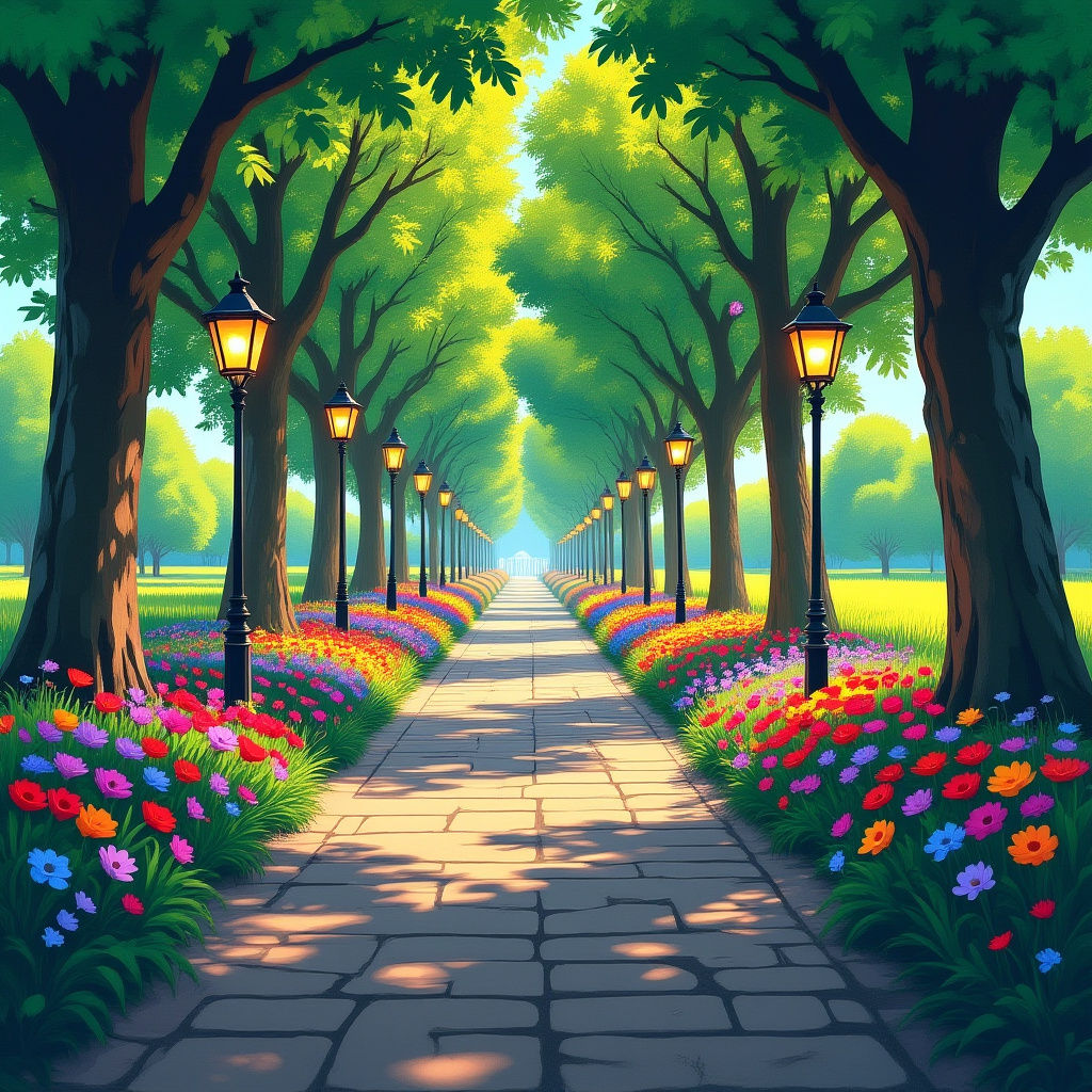 Spring Path Shaded by Trees with Colorful Flowers