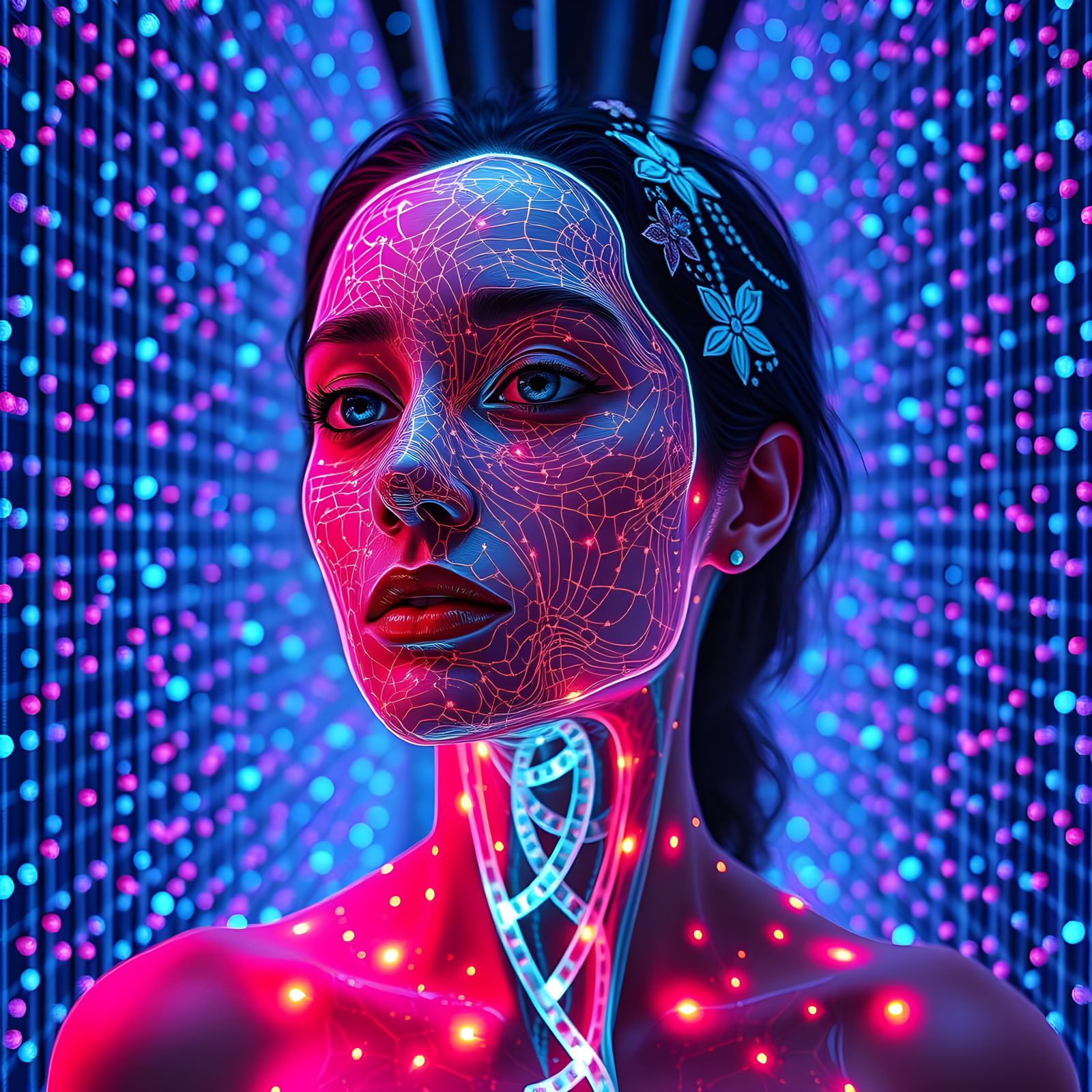 Futuristic Woman in Precise LED Grid Display