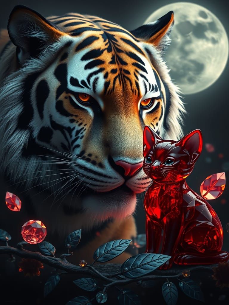 Regal Tiger in Ethereal Glow with Glass Kitten and Delicate ...