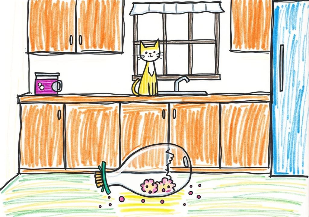Child's Art: Cat and Broken Vase in Kitchen
